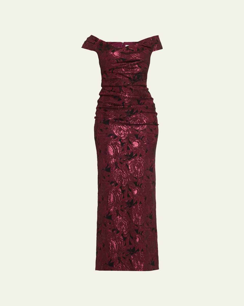 Ruched Metallic Floral Jacquard Column Gown